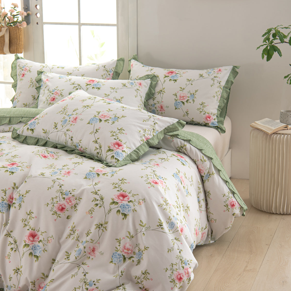 Sage floral ruffle duvet cover set – view 2