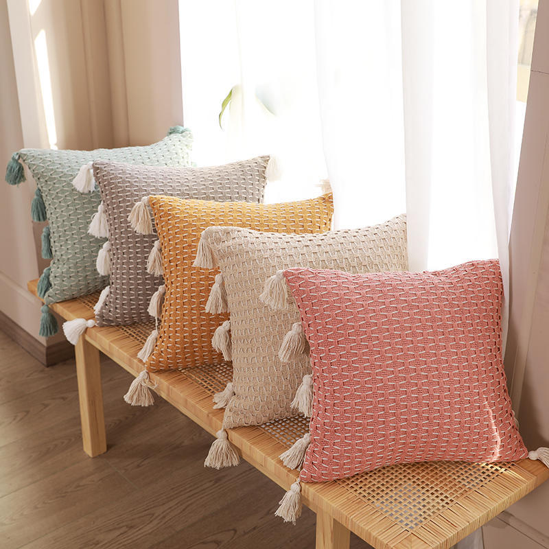 Textured knit pillow cover with tassels – view 2