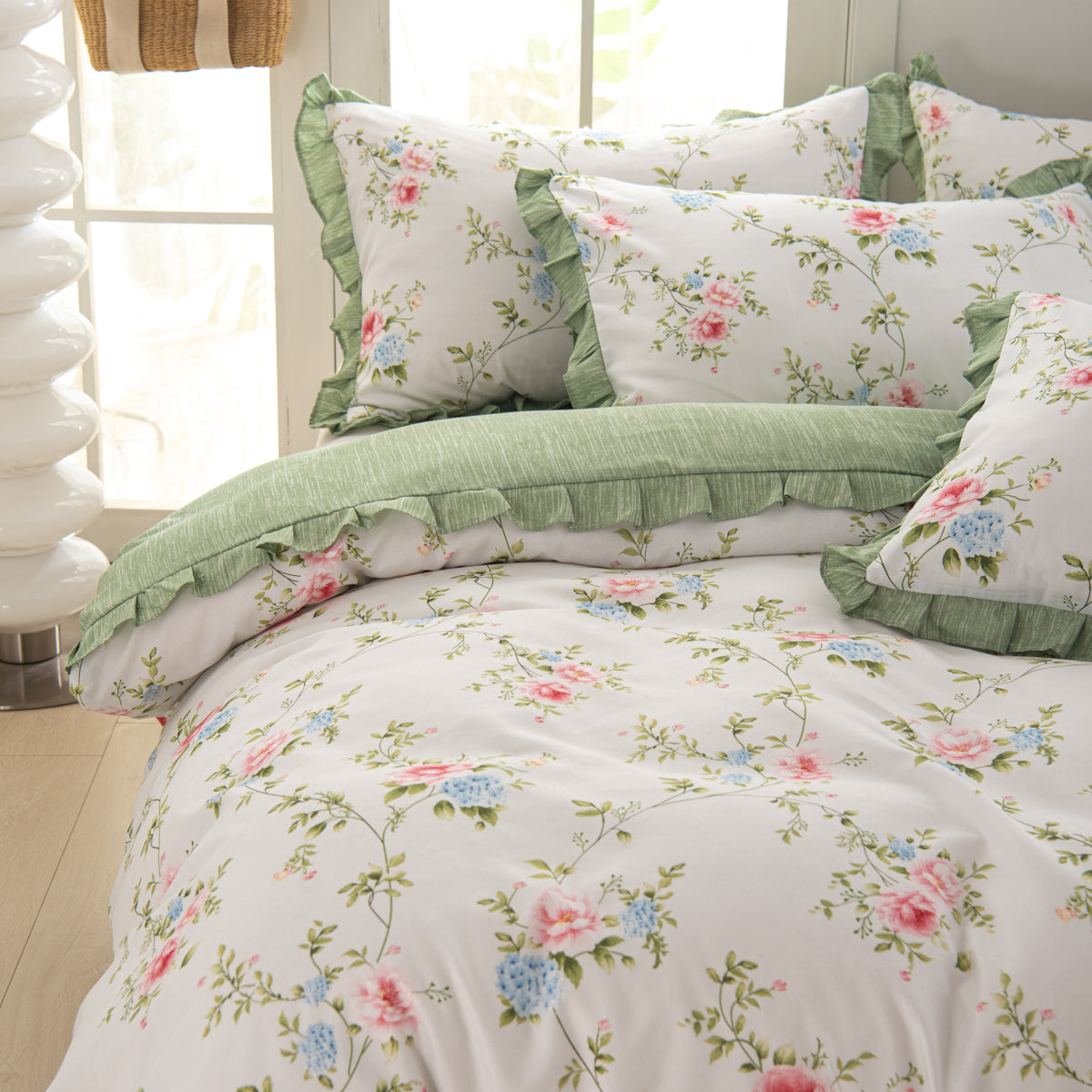 Sage floral ruffle duvet cover set – view 5