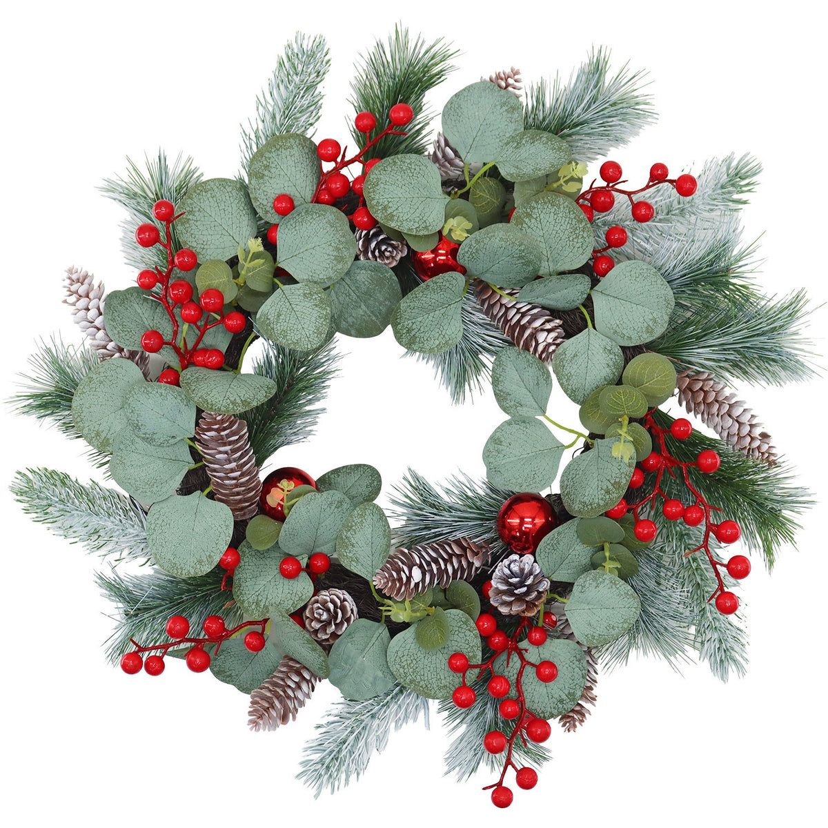Faux eucalyptus and red berry Christmas wreath – view 5