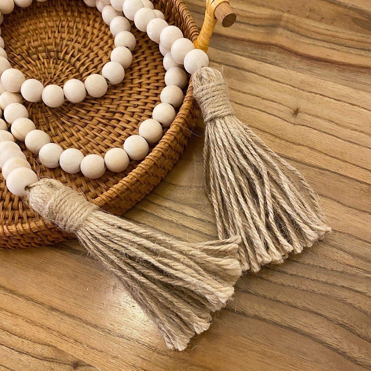 Wood bead garland with jute tassels – view 2