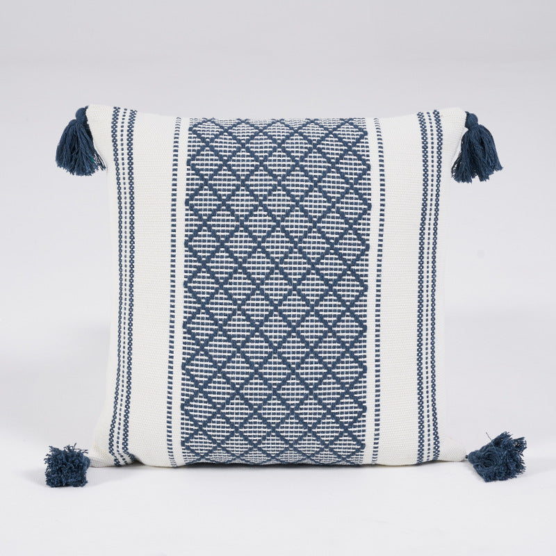 Woven Diamond Pillow Cover with Tassels – Denim Blue