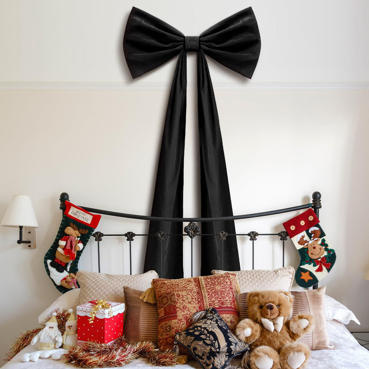 Oversized velvet Christmas tree bow with long tails – view 5
