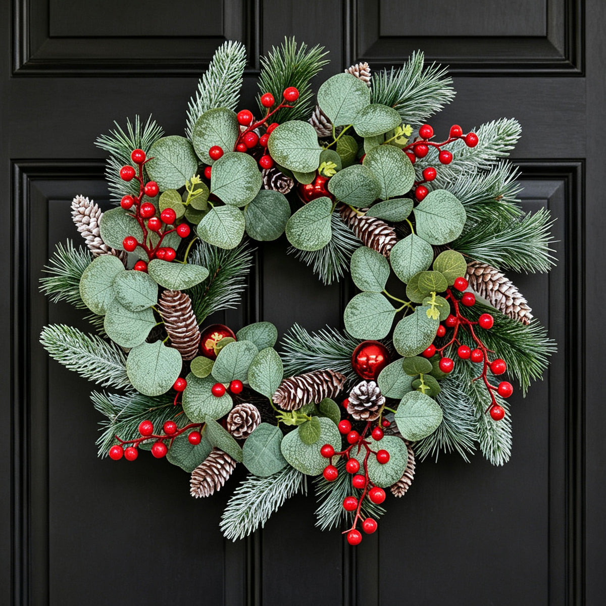 Faux eucalyptus and red berry Christmas wreath – view 1