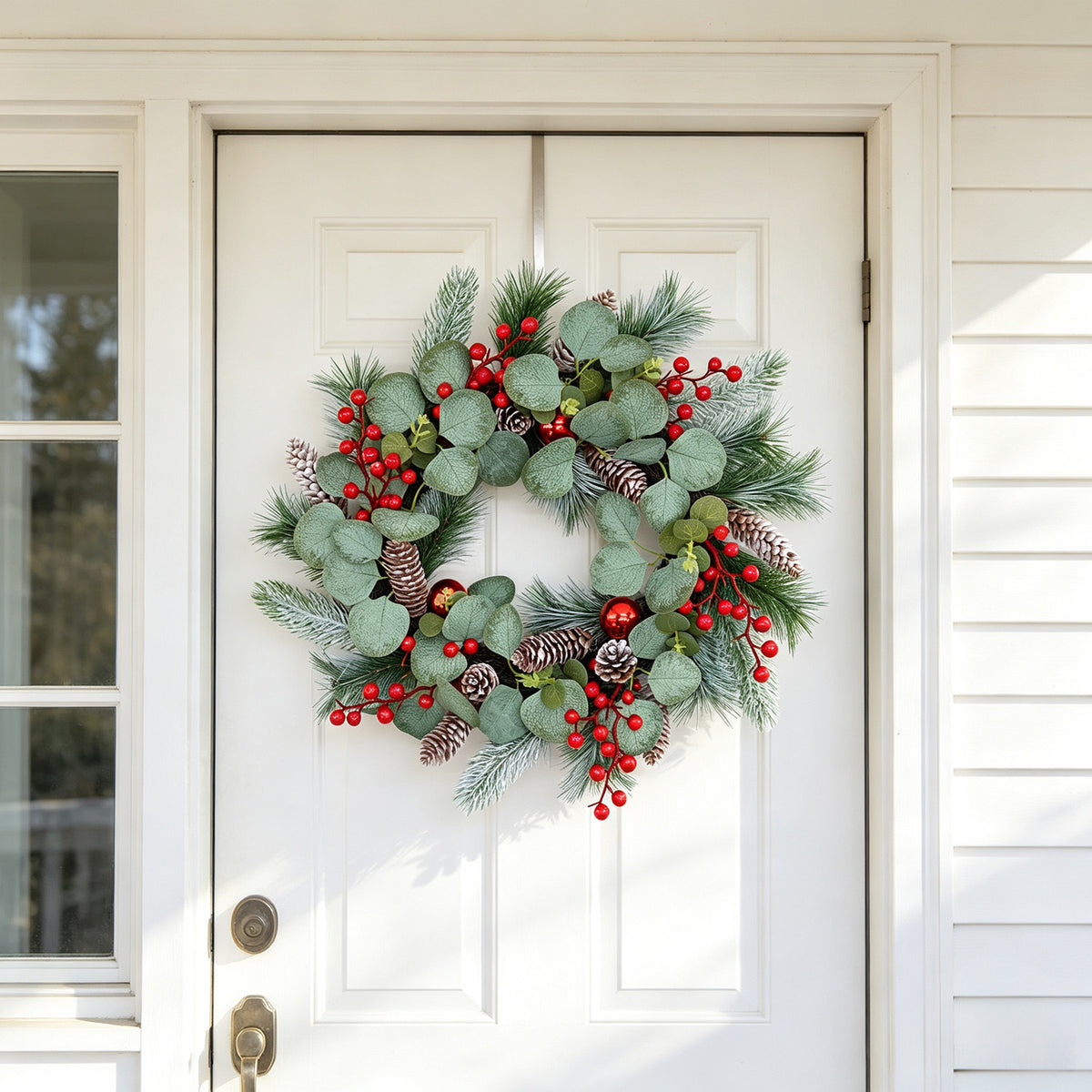 Faux eucalyptus and red berry Christmas wreath – view 2