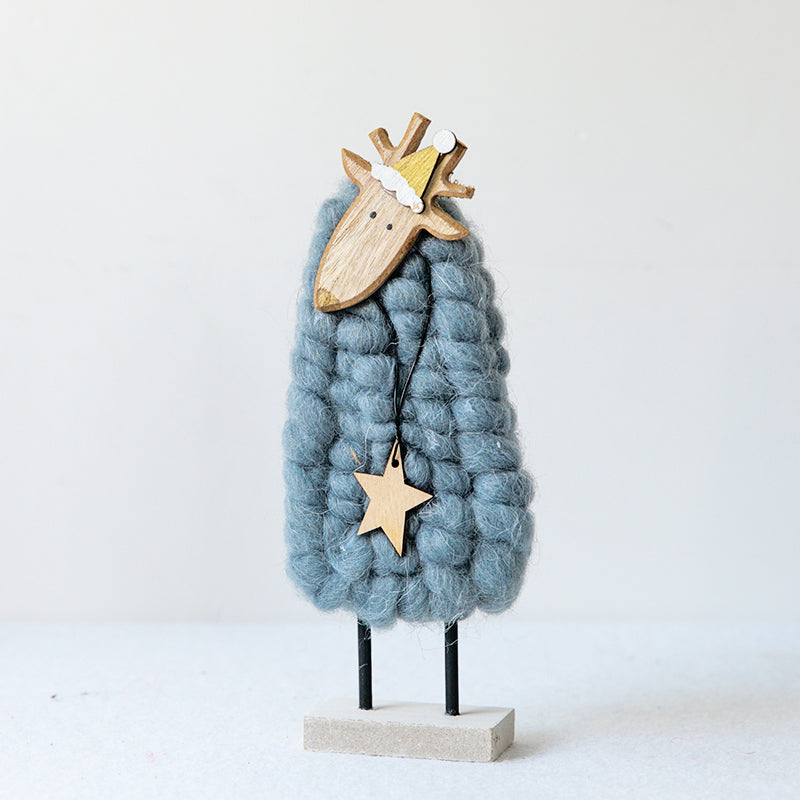 Woolly Felt Christmas Figure – Reindeer, Santa or Tree – Blue-Grey Reindeer