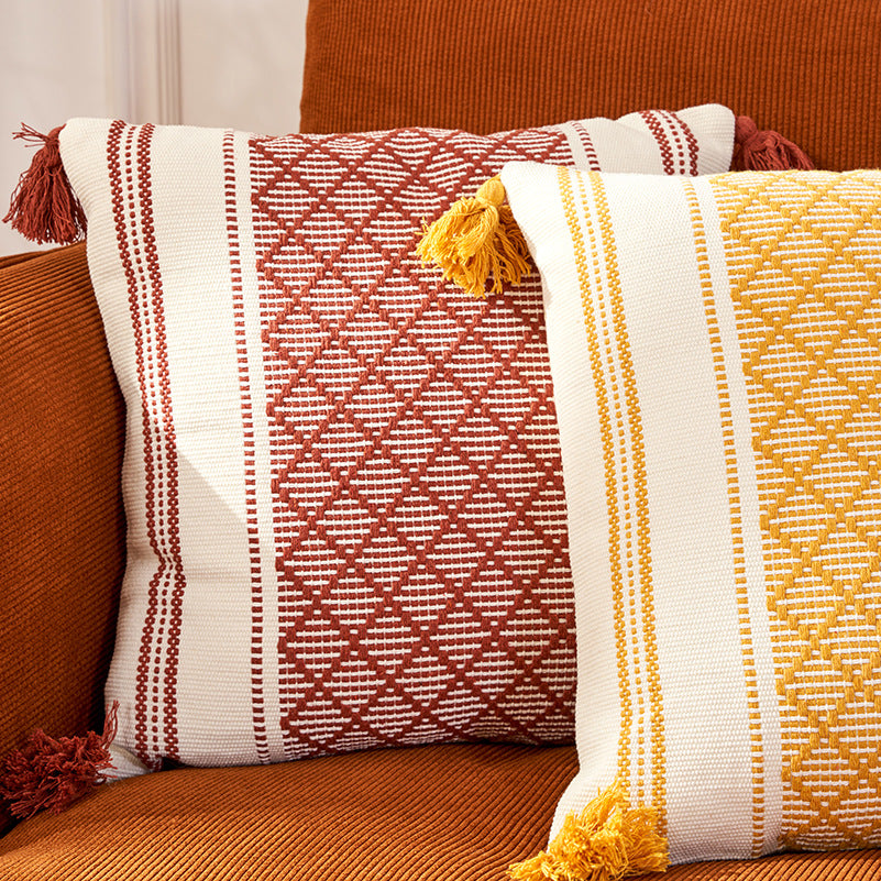 Woven diamond pillow cover with tassels – view 1