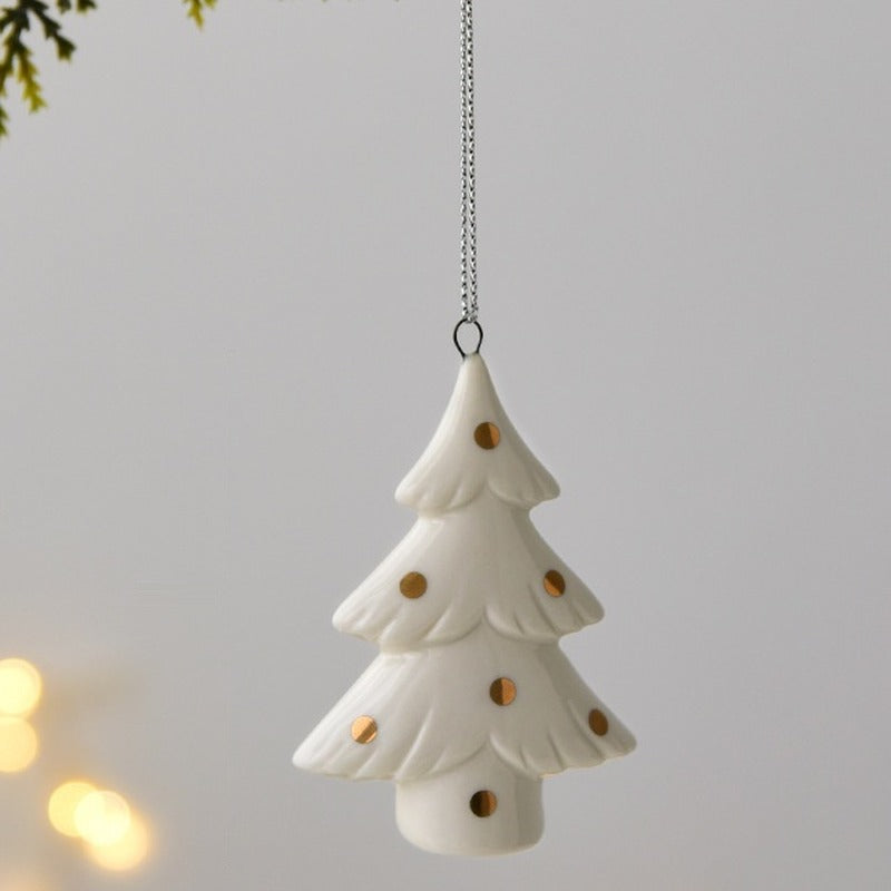 Ceramic Christmas Ornament – Reindeer, Snowman, Santa or Tree – Gold Dot Tree