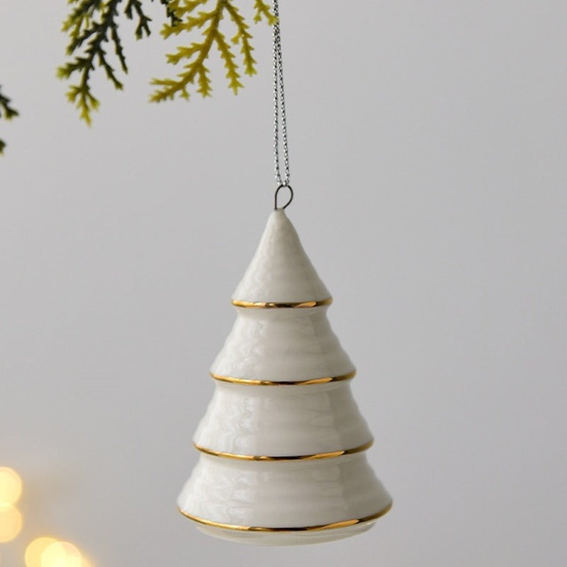 Ceramic Christmas Ornament – Reindeer, Snowman, Santa or Tree – Gold-Rimmed Tree