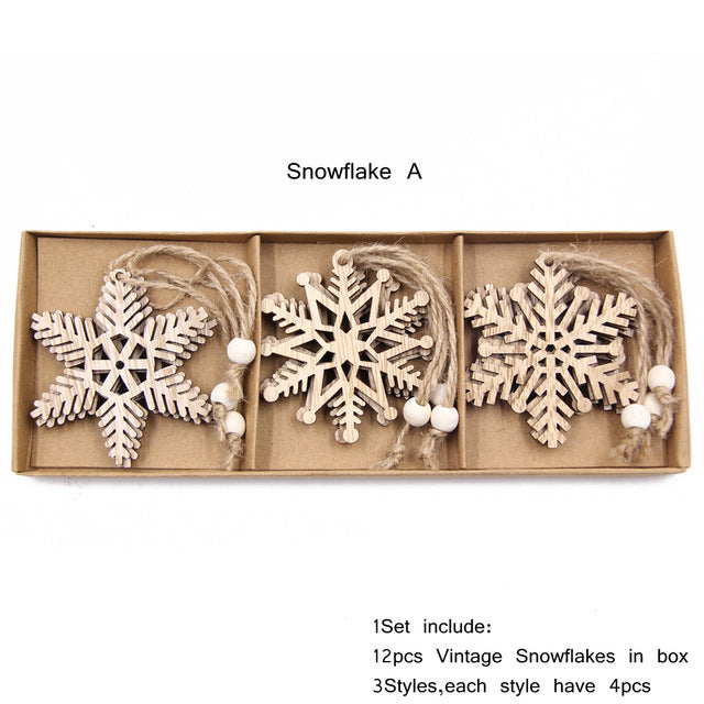 Wooden Snowflake Ornaments – Box of 12 – Set A