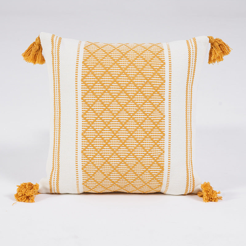 Woven Diamond Pillow Cover with Tassels – Mustard