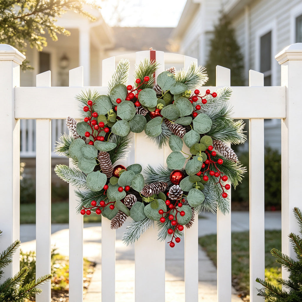 Faux eucalyptus and red berry Christmas wreath – view 4
