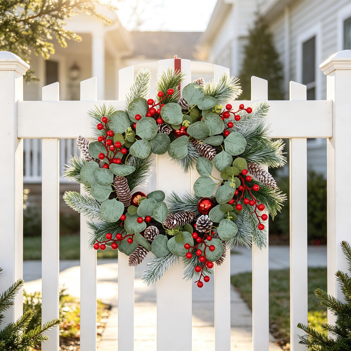 Faux eucalyptus and red berry Christmas wreath – view 4