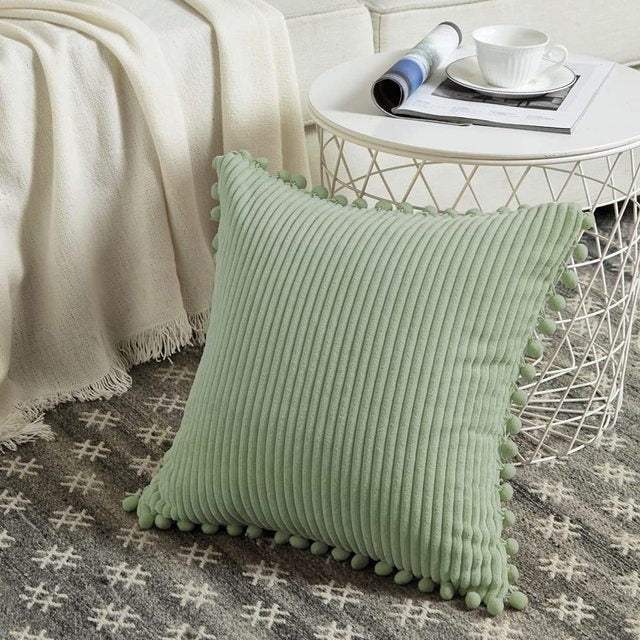 Corduroy pillow cover with pom-pom trim – view 2