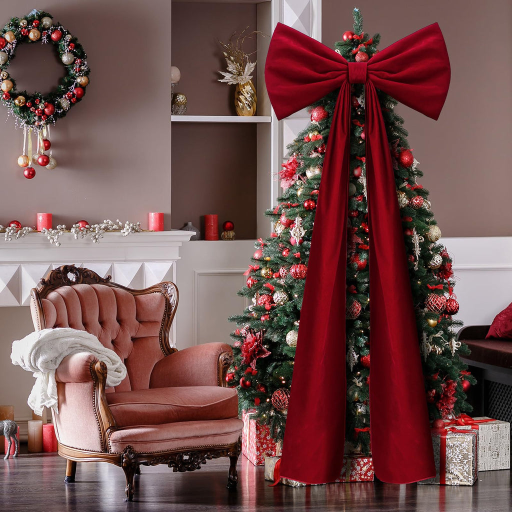 Oversized velvet Christmas tree bow with long tails – view 1
