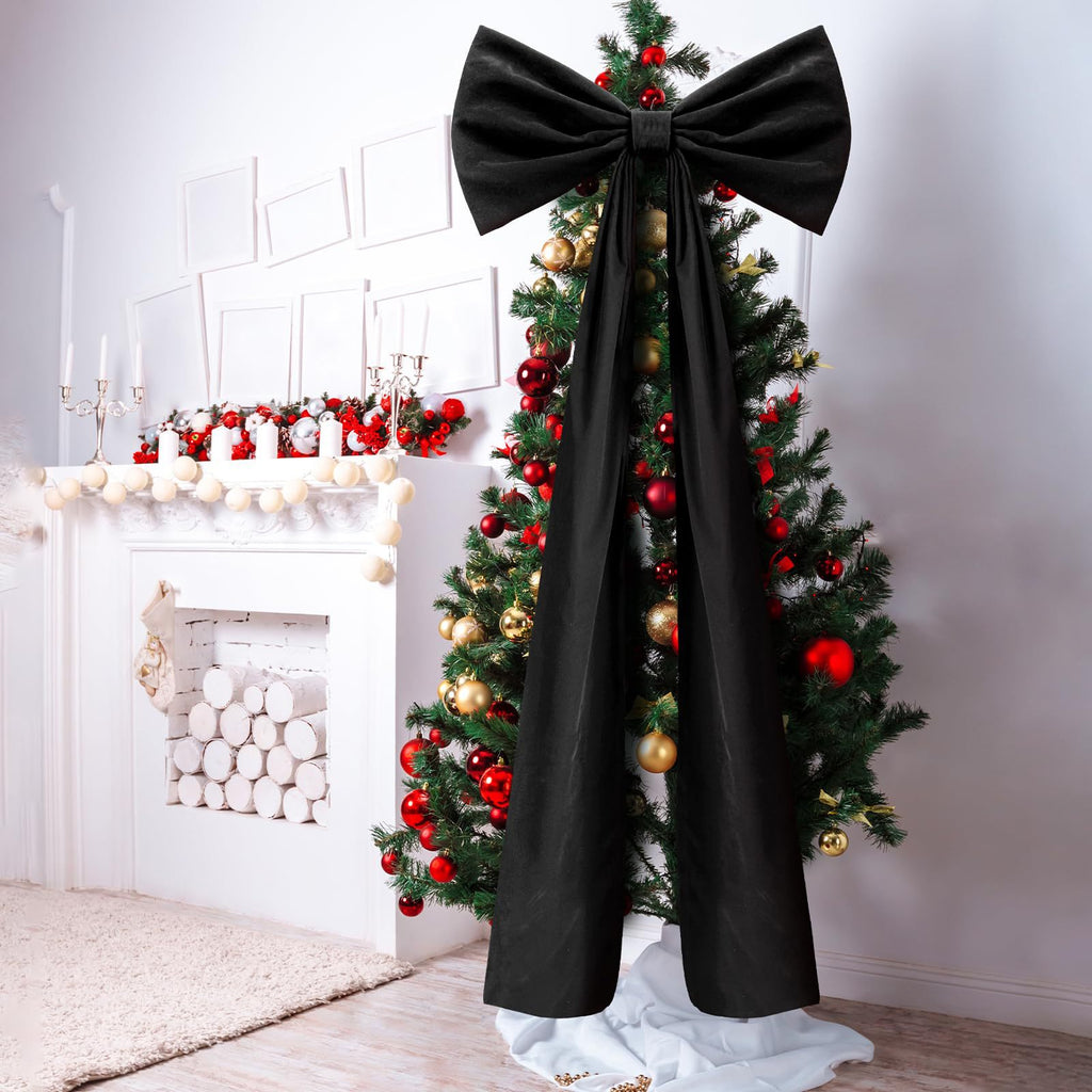 Oversized velvet Christmas tree bow with long tails – view 3