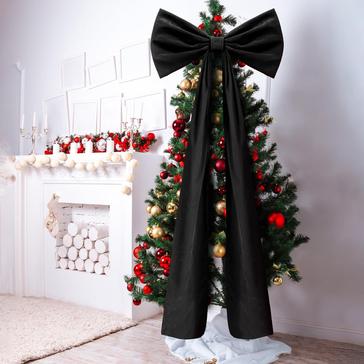 Oversized velvet Christmas tree bow with long tails – view 3
