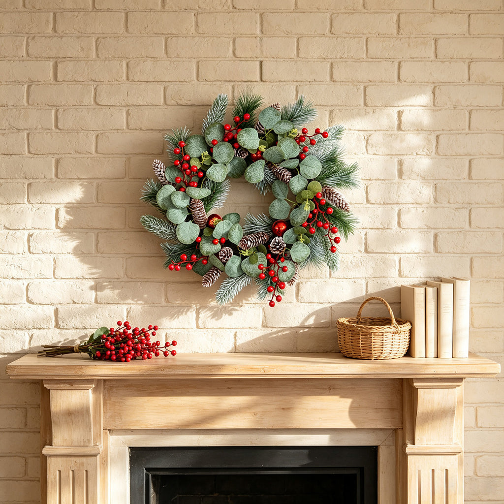 Faux eucalyptus and red berry Christmas wreath – view 3