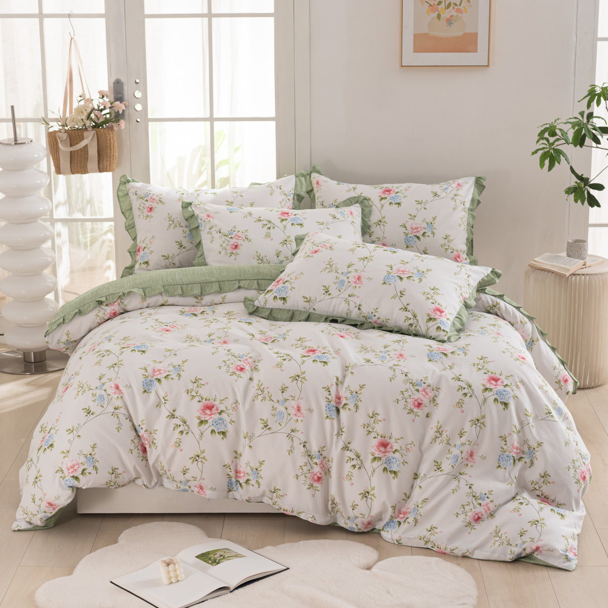 Sage floral ruffle duvet cover set – view 3