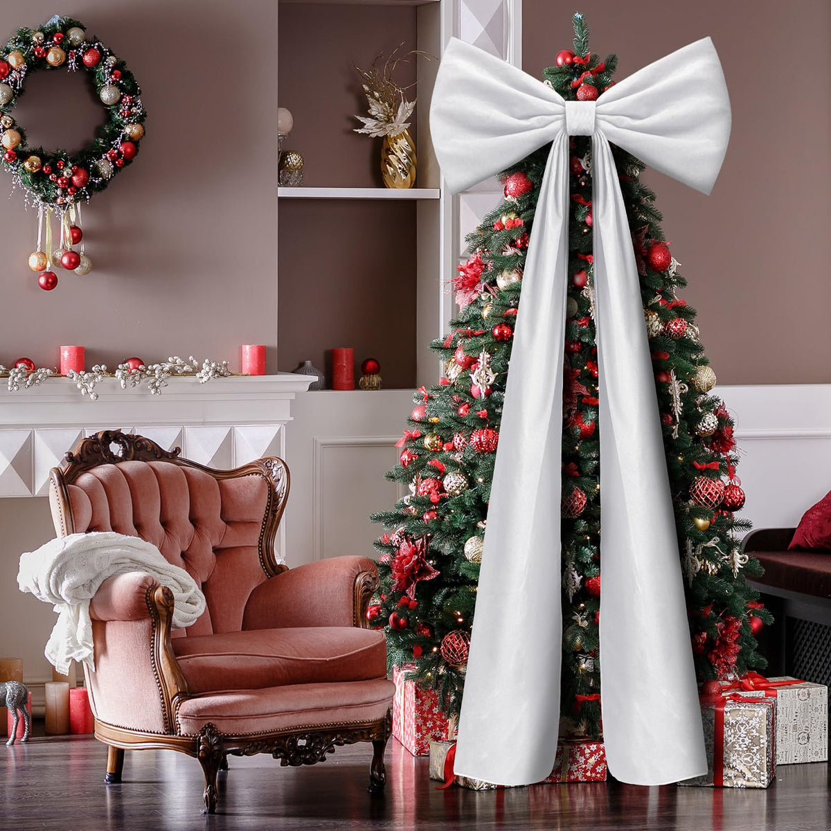 Oversized velvet Christmas tree bow with long tails – view 2