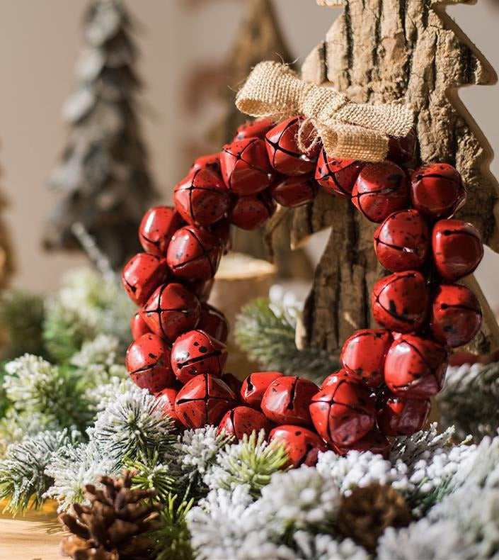 Rustic jingle bell Christmas wreath with burlap-style bow – view 3