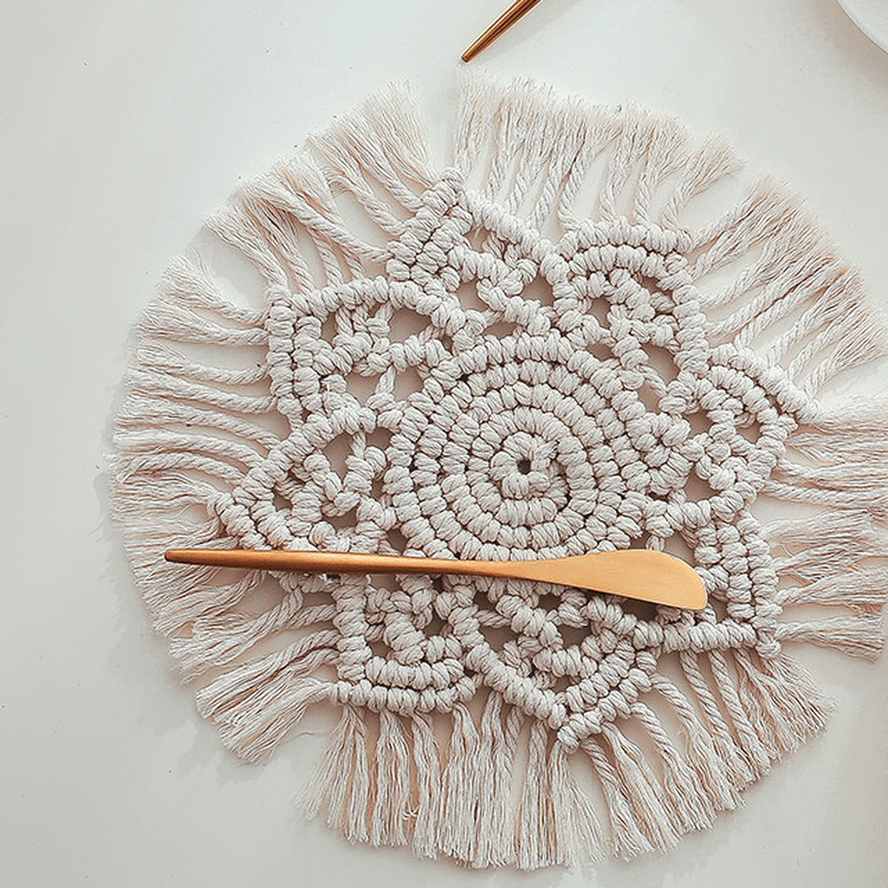 Round macramé table mat with fringed edge in natural off-white – view 3