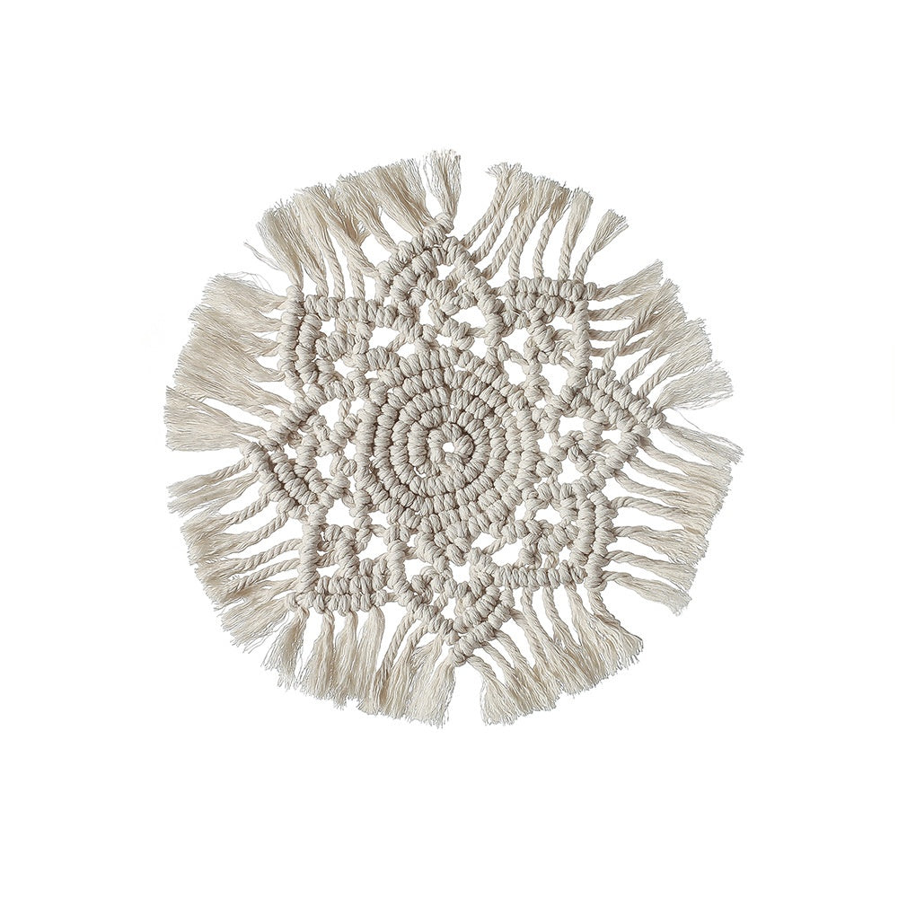 Round macramé table mat with fringed edge in natural off-white – view 2